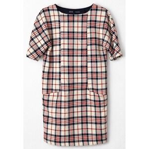 ZARA Basic Plaid Shift Dress XS Red Navy Cream Textured Short Sleeve